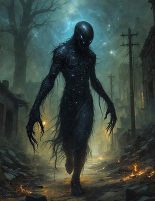 The primary subject of the image is a dark, spooky creature with long hair and a long, thin body. It appears to be walking down a path or road, with a building visible in the background. The visual style of the image is digital art, and the dominant colors are black, white, and shades of gray. The overall atmosphere of the image is eerie and mysterious.